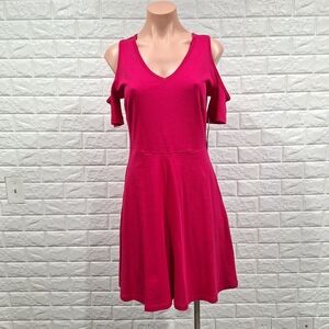 NY&CO Pink Fit and Flare Dress with Pockets and Cold Shoulder Short Sleeves